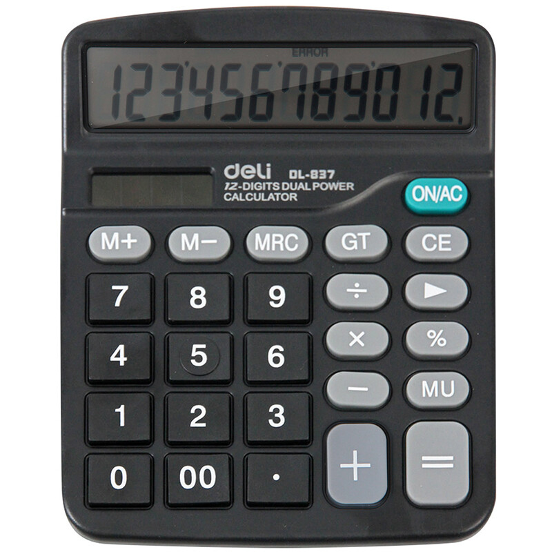 Deli 837 dual power portable desktop calculator 12 bit large screen desktop computer black