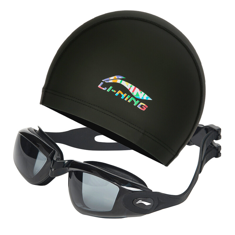 Li-Ning swimming cap goggle set men's and women's comfortable fit swimming glasses swimming cap set 617-874 black flat light
