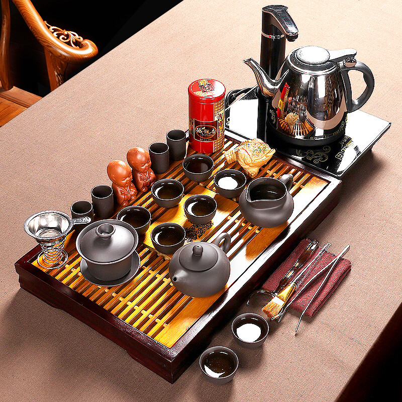 Shangdi flower blossom rich tea tray automatic water supply black purple sand electric stove tea set set