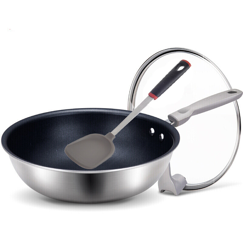 Sanho frying pan 30cm non stick pan no oil fume stainless steel frying pan gas induction cooker universal pot with vertical cover Taiji Juwen steel series sc30a1
