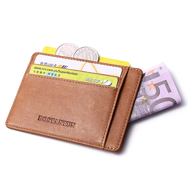 Bostanten card bag business card holder layer leather light retro driver's license leather case bank card case Mini Wallet men and women b7162021 apricot yellow