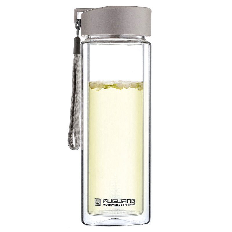 Fuguang portable cup double-layer glass cup explosion-proof heat-resistant large capacity glass water cup tea cup men's glass tea cup with rope cup 420ml gray
