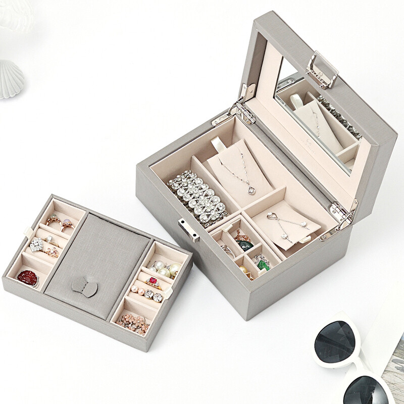 Vlando jewelry box solid wood European storage box double-layer lock jewelry storage box birthday gift female fashion gray