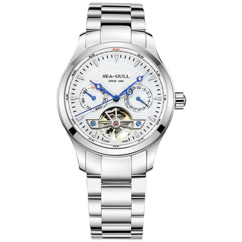 Seagull watch flywheel series multifunctional double calendar display automatic mechanical men's watch white disc double calendar yintuo steel belt m160s