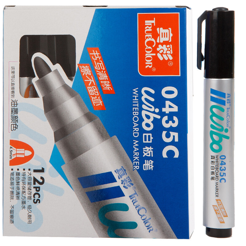 True color black quick drying round pen head erasable whiteboard note size pen large pen office meeting teaching pen 12 pieces / box 0435c