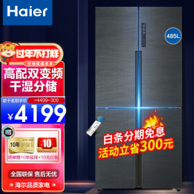 【2021新品】海尔（haier）十字对开门冰箱 48 5升一级变频冰箱风冷无霜四门对开大容量电冰箱 升级款 阻氧干湿分储 一级双变频 T.ABT杀菌