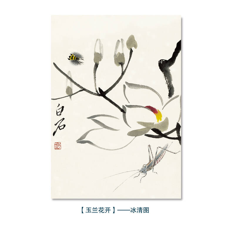 湖山书苑 齐白石 玉兰花开图 装饰画花鸟画客厅装饰画卧室餐厅画 玉洁