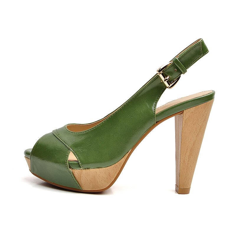 123014228 摩登古着季都会风复古搭扣厚水台鱼嘴高跟凉鞋 绿色 34