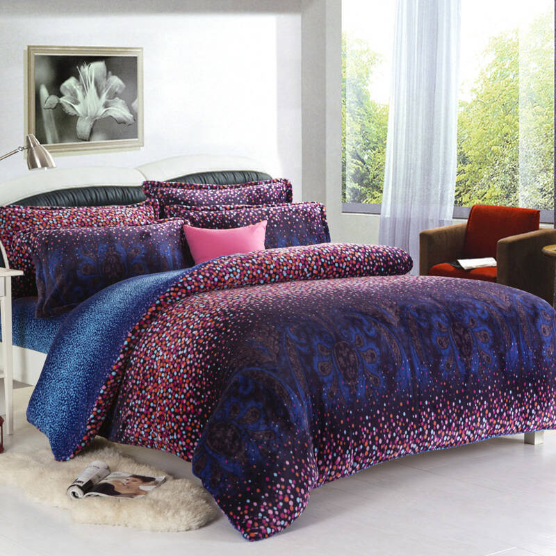 水漾家纺加厚珊瑚绒浪漫婚庆双人床活性印花四件套 浪漫星空 2.0米