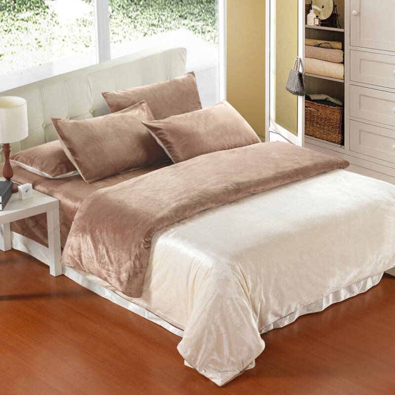 优一佳家居 床品套件 素色双拼天鹅绒四件套 纯色保暖套件 加大加厚