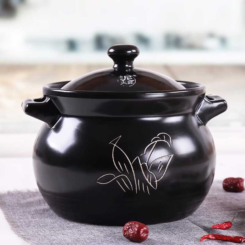 泥火匠 陶瓷 3800ml 刻花汤煲(黑色) 耐热砂锅炖锅汤锅 煲汤炖肉熬药