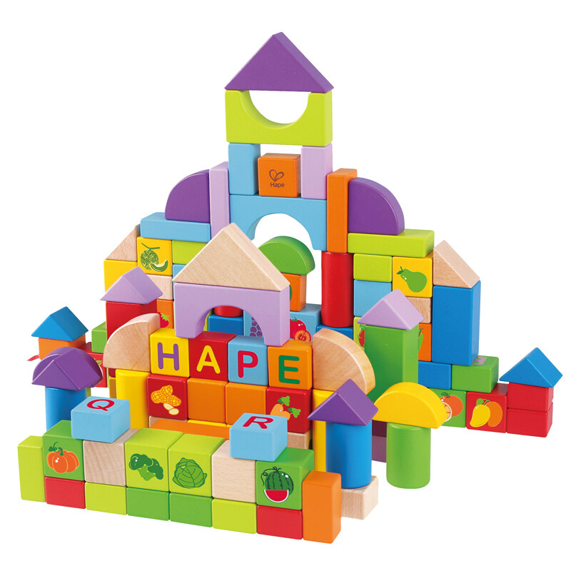 德国hape儿童积木玩具进口榉木 120粒果蔬积木 e8303 木制桶装早教