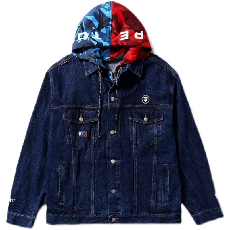 潮牌aape猿人头经典款秋冬季假两件连帽牛仔外套百搭长袖夹克男女 深