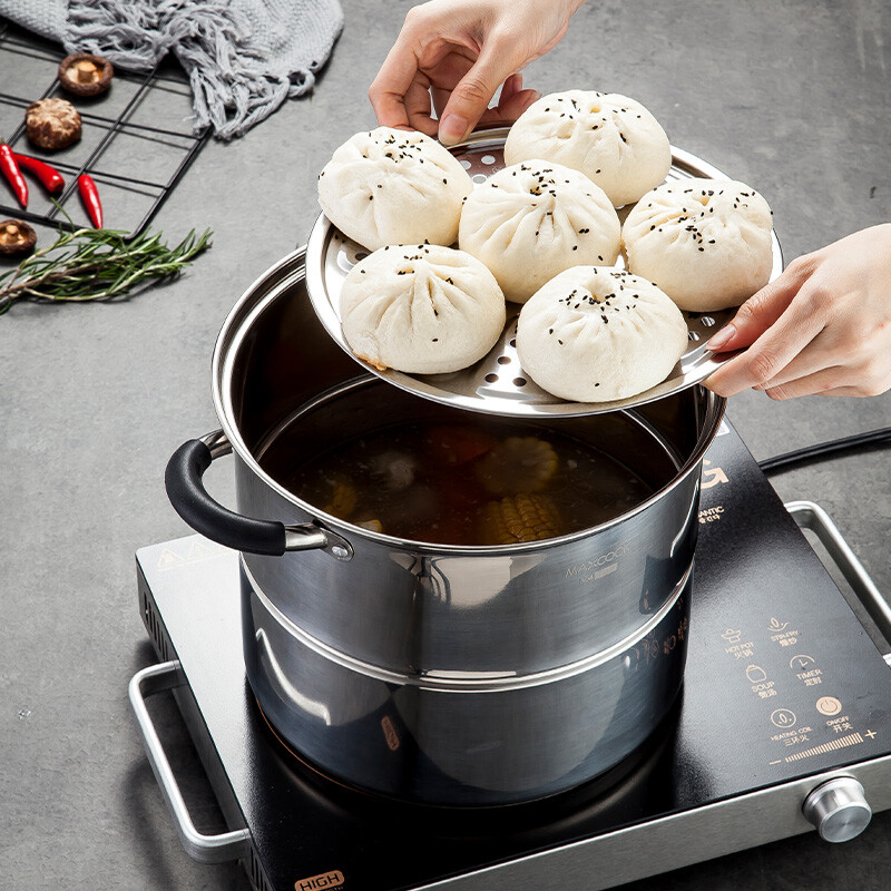 蒸锅汤锅美厨maxcook不锈钢高汤26cm复底二层