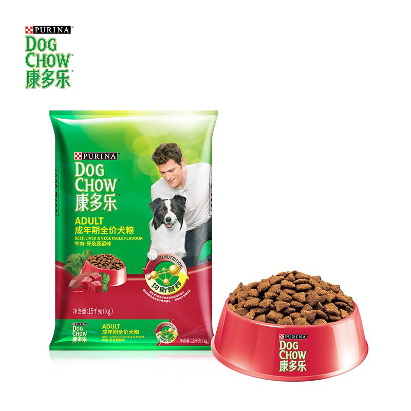 康多乐(DOG CHOW)成犬狗粮15kg 牛肉蔬菜味 大中小型犬泰迪贵宾金毛拉布拉多