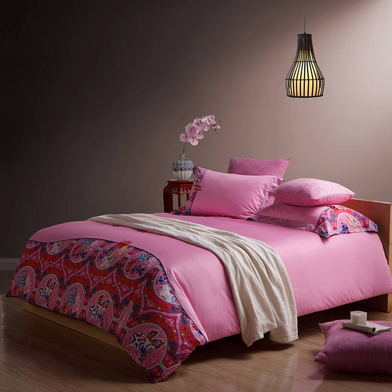 lehome家纺 四件套全棉 民族风床上用品活性印花纯棉套件 醉花色1 1.