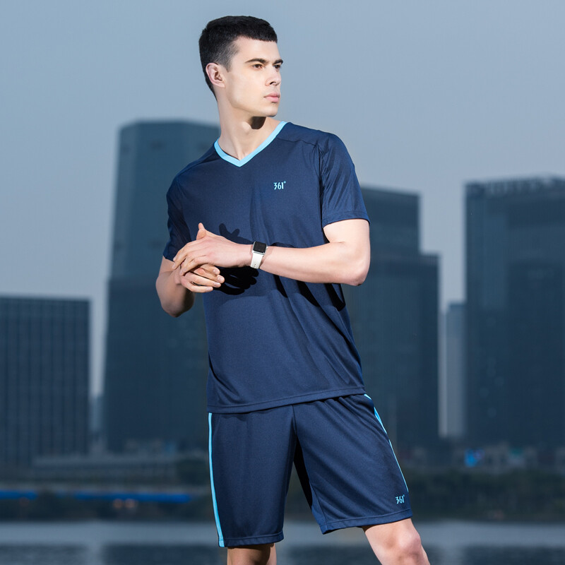 361度运动套装男2018夏季新款时尚撞色跑步休闲运动服 n 礼服蓝 3xl