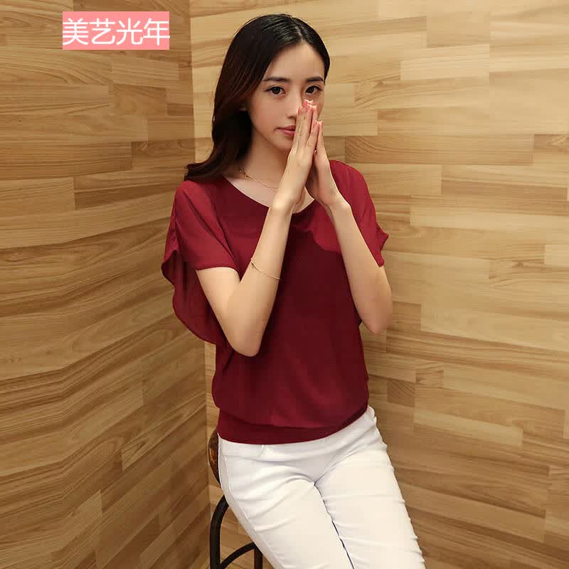 2014夏季新款女装雪纺衫宽松短袖t恤 my8289 酒红色 xxl