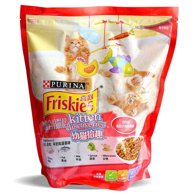 喜跃(Friskies)幼猫猫粮1.2kg 鸡肉鱼肉牛奶和菠菜味 怀孕哺乳猫粮幼猫