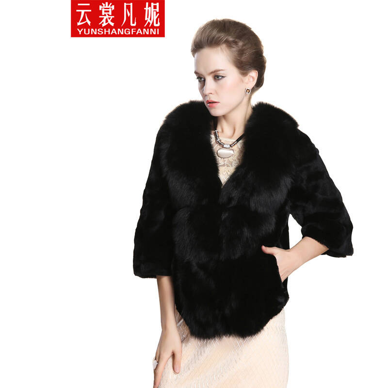 2014冬装皮草大衣 欧美女士獭兔狐狸毛领九分袖外套 高贵华丽女外衣