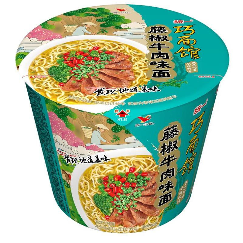 统一 巧面馆 藤椒牛肉味 方便面 105克*12桶 桶面整箱
