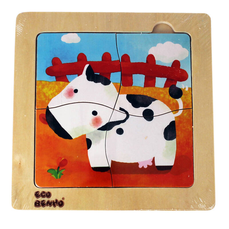 木玩世家儿童益智木制玩具农场动物4块拼板拼图 eb023-c奶牛