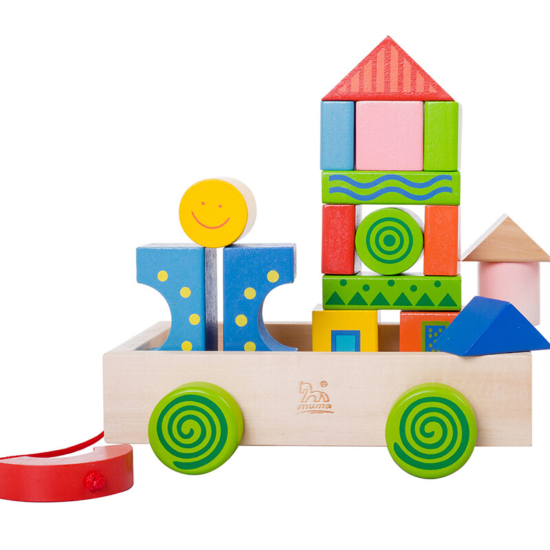木马智慧 彩色花纹积木车 积木拼插儿童幼儿益智拼搭拖拉玩具 *4个