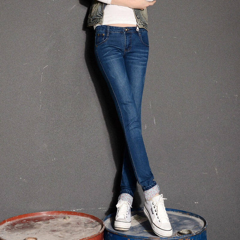 空气猫春款小脚牛仔裤显瘦铅笔裤子女 修身牛仔裤女深蓝色 31码