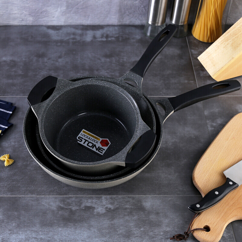 乐扣乐扣 stone系列锅具套装三件套 含炒锅不粘锅无油烟 煎锅汤锅