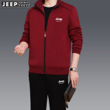 JEEP/吉普 卫衣套装男春秋季套头长袖外套男休闲运动服大码三件套 红色 XL