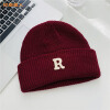 巴斯星人针织帽子女冬季R标字母瓜皮帽可定制 酒红-R标 均码