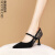 奢驰路易（SECHILOUIS）品牌一字扣带蕾丝高跟鞋女2024年春季黑色羊皮细跟尖头浅口单鞋女 黑色 34
