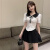 韩版学院风修身显瘦JK短袖娃娃领衬衫高腰百搭百褶裙套装 套装(上衣+黑色百褶裙 ) XL
