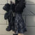 HPFY搭配A字裙的上衣女露肩春秋甜美可爱口袋口袋连帽卫衣格子半身裙 黑色百褶裙+兔耳朵上衣 S
