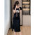 帅洛格新中式复古圆领连衣裙夏季新款设计感小众褶皱收腰开叉t恤裙 黑色 2XL 132-145斤