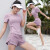 瑜伽少女 夏季运动套装女速干健身衣大码跑步服短袖透气瑜伽服薄款 紫上衣+紫文胸+紫短裤 XL(125-140斤)