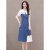 CAT AI TATA时尚领牛仔连衣裙女年夏季新款韩版修身拼接中长款气质字裙 蓝色 M