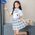 迪士尼（Disney）迪士尼女童裙子夏季连衣裙夏装新款洋气夏季学院风儿童时髦短袖 玻璃糖格裙+刺绣短袖+领结+袜子+ 120cm(120cm)