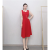 曼卡玉夏款时尚气质网纱拼接方领短袖中长连衣裙 红色 XXL(128-138斤）