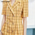 VERO MODA夏季复古通勤时尚泡泡袖双排扣棋盘格纹连衣裙 B07崇金黄色 165_84A_M