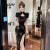 艾格春夏新中式改良旗袍2024年新款修身黑色镂空开叉法式连衣裙 黑色 S