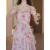 宣骄长款连衣裙高档的蕞新款法式小众不规则气质性感显瘦蕾丝印花吊带 粉色 L （106-115斤）