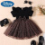 迪士尼（Disney）童装欧美风夏款中小女童坑条短袖拼接豹纹网纱裙摆连衣裙 黑色 90cm