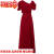 BALITOMMS法式设计感时尚斜领泡泡袖露腰礼服裙女装高开叉性感连衣裙 红色 S