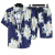 夏季夏威夷情侣短袖套装花衬衫男速干冰丝海边度假痞帅沙滩两件套 蓝色花朵 3XL