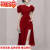 BALITOMMS法式设计感时尚斜领泡泡袖露腰礼服裙女装高开叉性感连衣裙 红色 S