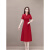 由靓中年女士连衣裙高档40岁V领红色大码女夏季新款修身中长款短袖裙 红色 XXXL