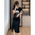 帅洛格新中式复古圆领连衣裙夏季新款设计感小众褶皱收腰开叉t恤裙 黑色 2XL 132-145斤