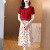 曼卡玉褶皱连衣裙女夏季时尚洋气圆领拼接印花假两件显瘦中长裙 红色 M