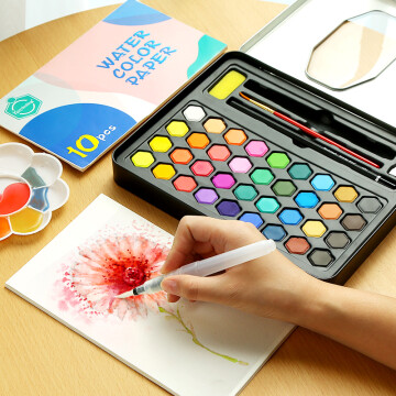 固体水彩颜料工具套装36色 学生设计手绘初学者粉饼水粉画8件套装 36